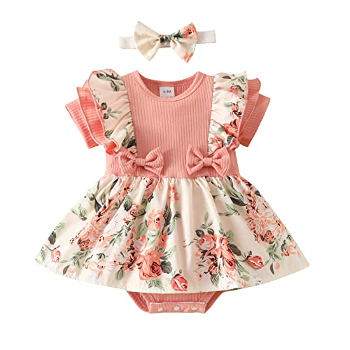 Image of Mecykcsr Baby Girl Romper Clothes Floral Ruffle Ribbed Rompers with Headband Newborn Infant Girl Summer Outfits Sets