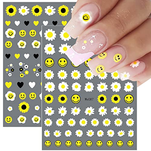 12 Sheets Spring Daisy Sunflower Nail Art Stickers Decals Self Adhesive Cute Smile Face Summer White Yellow Flowers Floral Design Manicure Tips Nail Decoration For Women Girls Kids #TOP2