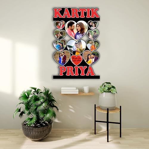 Image of Shrikant Art Personalized inchMade For Each Other inch Multi-Photo Collage Wall Hanging - Large 18x12 Inch Custom Name Wooden Frame with 10 Heart-Shaped Photo Slots for Couples