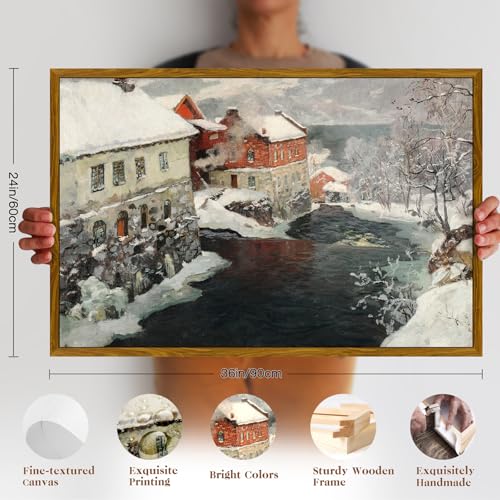 crmotu Large Framed Wall Art, Winter Landscape Vintage Canvas Prints, Riverside Architecture Rustic Farmhouse Decorations, Snow Nature Wall Decor Living Room Bedroom Decor Aesthetic Pictures 24x36in