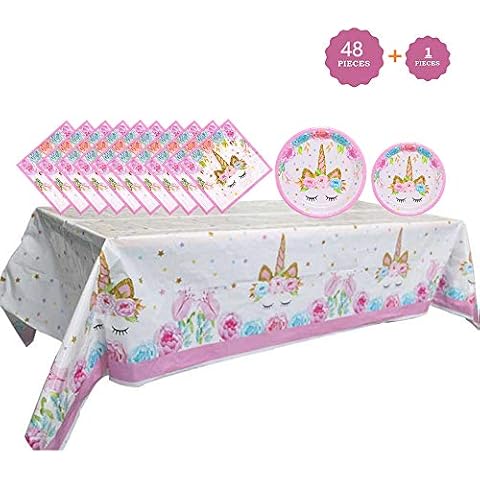 STKYGOOD Unicorn Party Tableware Set 49 PCS, Pink Unicorn Tablecloth Paper Plates and Napkins, Kids Girls Birthday Party Decorations Supplies for Baby Shower, Birthday, Wedding,Anniversary (Serves 16) Cover
