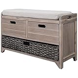 SOFTSEA Rattan Storage Bench with Basket and 2 Drawers, Farmhouse Entryway Bench with Seat Cushion for Hallway Living Room, Full Assembled (White Washed-2 Drawers)