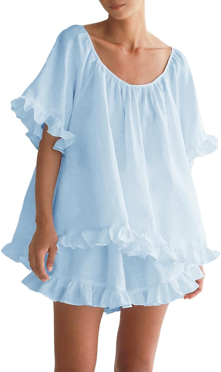 Women Summer 2 Piece Set Fashion Short Sleeve Ruffle Trim Top and Shorts Set Cotton Pajama Sets