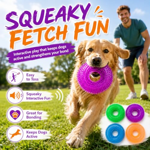 Image of Dog Chew Toys for Aggressive Chewers, Squeaky Floating Donut Rings, 4 Pack