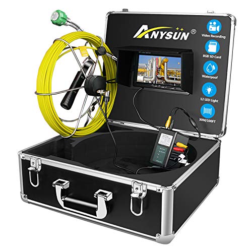 ANYSUN Pipe Pipeline Inspection Camera 30M 98ft Drain Sewer Industrial Endoscope Video Plumbing System with 7 Inch LCD Monitor 1000TVL DVR Recorder Snake Cam (Include 8GB SD Card)