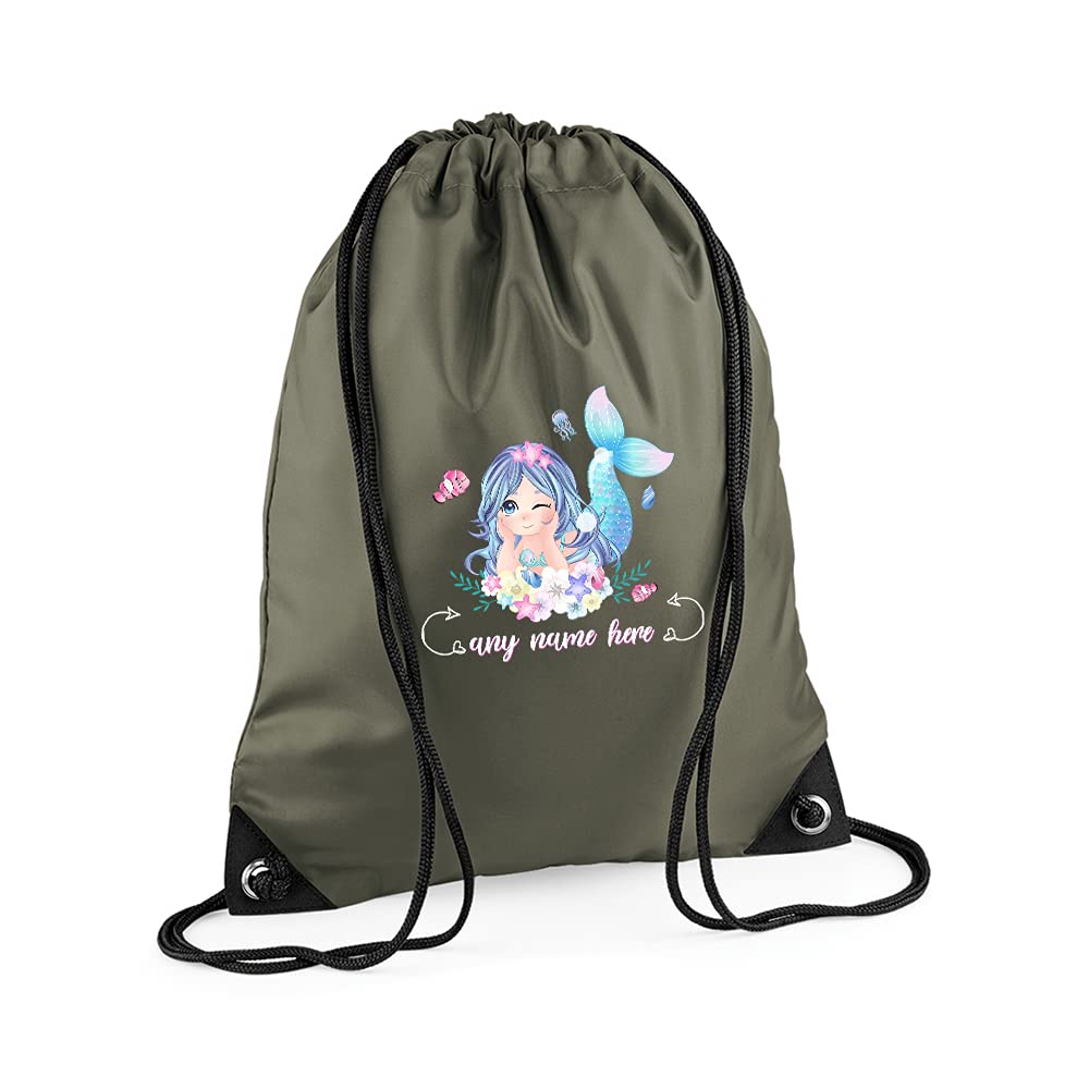 Personalised Cute Beach Mermaid Birthday Party Gift for her, Girl, Daughter, Sister, Niece, Best Friend, Drawstring Bag, PE Gym Kit, Swimming Rucksack. (Olive Green)