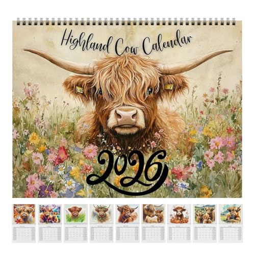 livre Calendrier mural 2026 motif vache des Highlands 2026, aquarelle de vaches, calendrier mensuel écossais pour planification de Noël, organisation et décoration murale