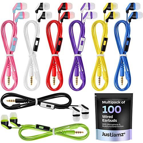 JustJamz 100x Multipack | Bulk Earbuds with Microphone, for Schools, Classroom, Libraries, Museums, etc., Wired in-Ear Earphones with Mic for Kids, Teenagers & Adults, Affordable Bulk Headphones