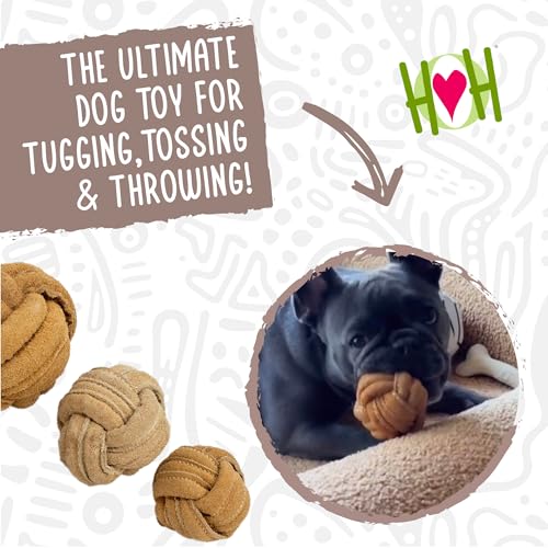 HuggleHounds Huggle-Hide Knotted Bone - Leather Dog Toys for Aggressive Chewers, Interactive for Small or Large Breeds, Tough & Durable - Knotted Leather Ball, Large