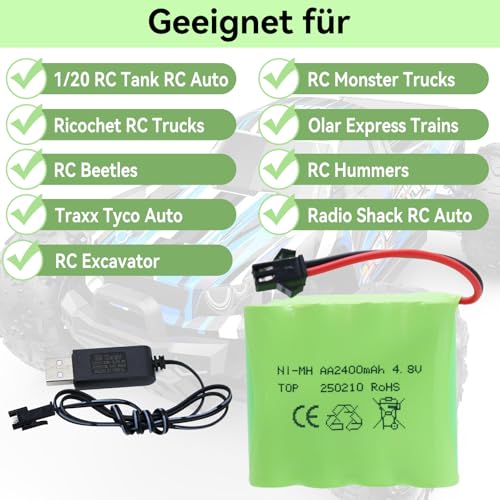Tosiicop 4.8V 2400mAh RC Akku - AA NiMH Wiederaufladbar Ferngesteuertes Auto Akkupack RC Rechargeable Battery mit SM-2P Stecker und USB-Ladekabel für Remote Control Car Crawler 4x4 LKW SY-E511 Bagger