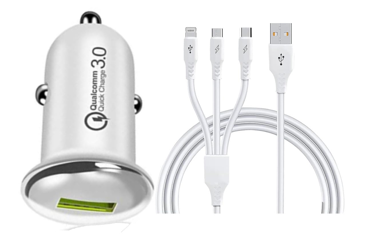 30W Car Charger for Mini Cooper 3 Door S Single USB Port Car Charger High Speed Quick QC 3.0 Smart with 1.2m 3-in-1 Multi Cable Micro USB Android iOS Type-C USB Cable (White, SZ.M)