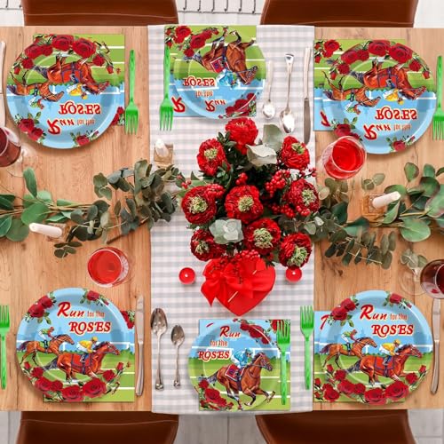 Image of Qyeahkj 100 Pcs Kentucky Party Supplies Derby Day Tableware Set Run for The Roses Party Plates Napkins Forks Disposable Horse Racing Decorations for Equestrian Enthusiasts Race Day Serves 25
