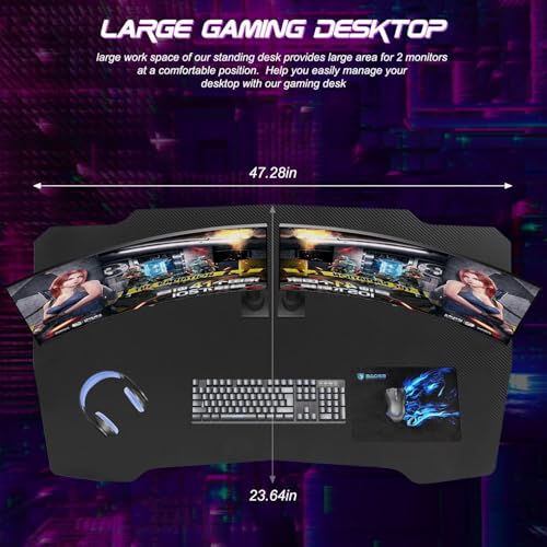 Image of 47 Inch Modern Gaming Desk for Home Office, Z Shaped Computer Desk for Teen, Large PC Gaming Table Adjustable Feet with Headphone Hook & PVC Surface