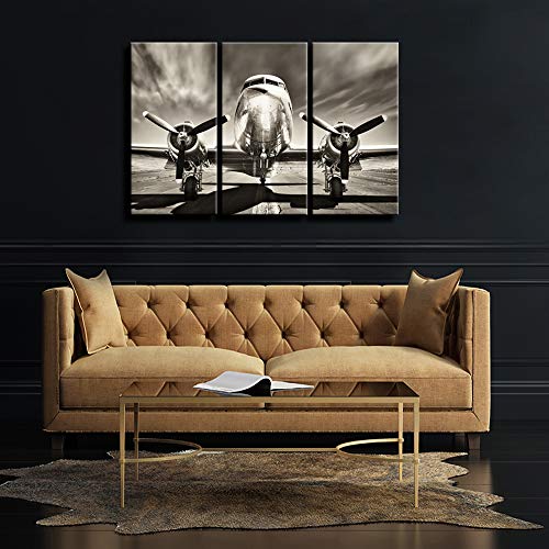 Klvos 3 Piece Airplane Wall Art Vintage Black And White Propeller Aircraft Picture For Boy Room Home Office Modern Home Decor Stretched And Framed Ready To Hang - 16"X32"X3Pcs #TOP1