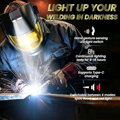 Image of Large View True Color Auto Darkening Welding Helmet with LED Light - Solar Powered, 4 Arc Sensors, 1 /1 /1 /1 Optical Clarity, Wide Shade 4 /5-13 for TIG MIG ARC Grind