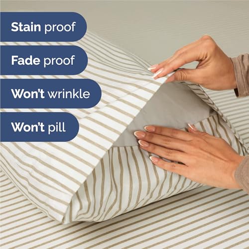 Image of Split King 7 Piece Bed Sheet Set - Breathable & Cooling - Beige Stripes | Ultra-Soft Hotel Luxury Bedding Set w / 8-16 Inch Deep Pockets, 1 Flat & 2 Fitted Sheet & 4 Pillowcases, Wrinkle & Fade Free