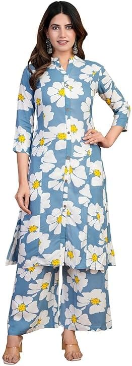 Women's Anarkali Viscose Rayon Floral Printed Foil Lace Work 2 Piece Kurta Set with Trouser