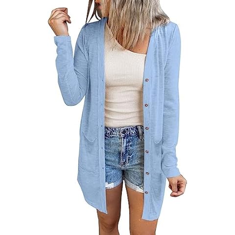 GLIENST Womens Button Down Tops Fashion Casual Long Sleeve Cardigans Solid Printed Jackets Open Front Coats for Women Jackets Blue Large Cover