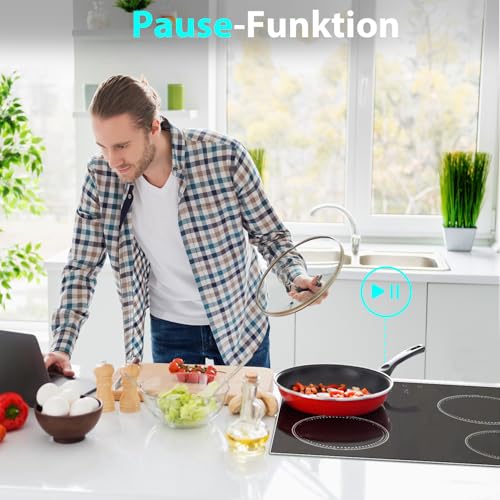 DELITEER Glaskeramikkochfeld 4 Platten, Kochfeld Autark, Kochfelder 59cm Einbau, 6000W, Slider-Touch-Steuerung, Sicherheitsschloss, Pausenfunktion, 220V, 50Hz, Kein Stecker