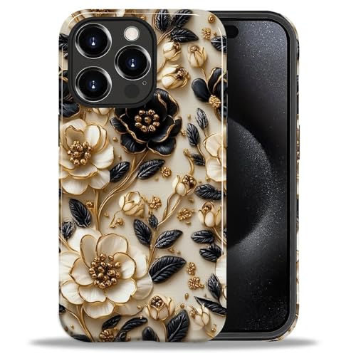 ZHEGAILIAN Case for iPhone 15 Pro,Shockproof Hard Shell + Soft Silicone 2 in 1 Hybrid,Shockproof Bumper Drop Protective - Black and White Flower