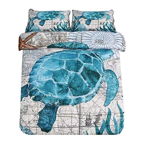 SDIII 3Pieces Turtle Comforter Full/Queen Size Aqua Turquoise Ocean Beach Themed Hawaiian Nature Tortoise Style Full/Queen Size (Full/Queen, Turtle Comforter) Cover