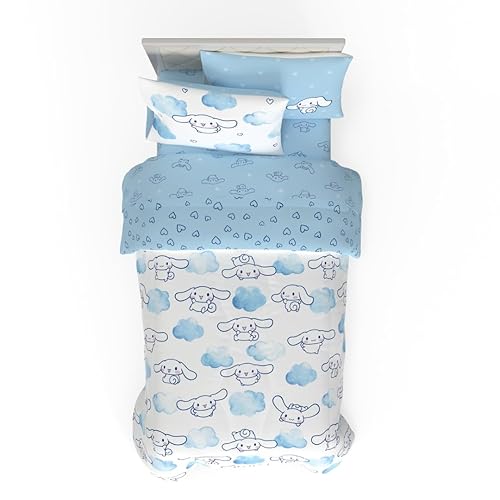 Franco Cinnamoroll Bedding 5 Piece Super Soft Cozy Reversible Comforter and Sheet Set with Sham, Twin, (100% Official Licensed Product) - Cinnamoroll - 5 Piece Twin Size