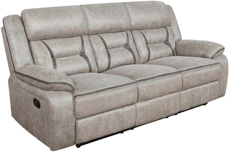 Pemberly Row 2-Piece Faux Leather Motion Living Room Set, Taupe Leatherette Upholstery, Manual Reclining Sofa and Glider Loveseat, Drop-Down Table, Storage Console, Power Outlets, Cozy Seating