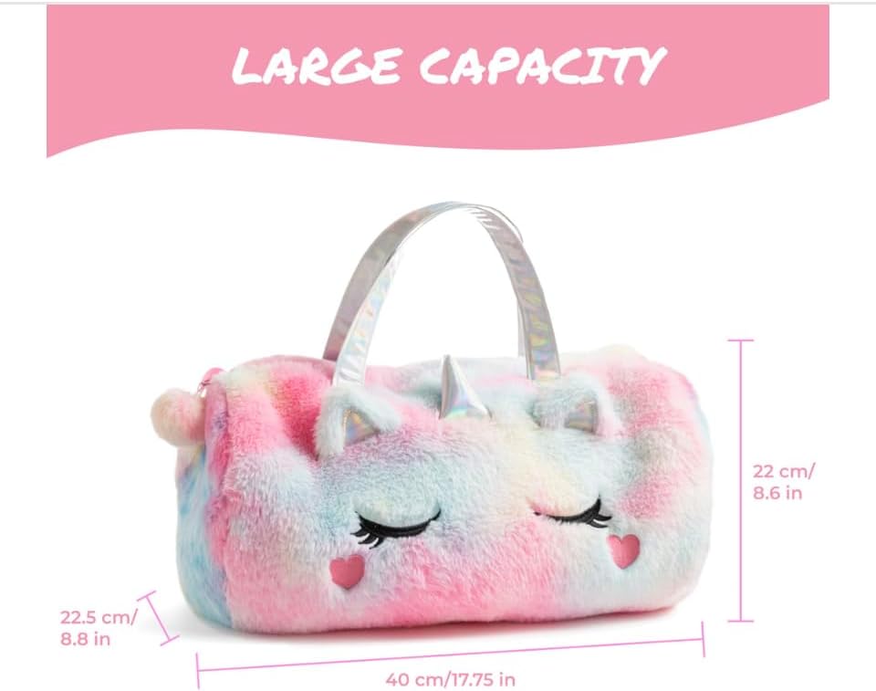 Kids Unicorn Duffel Bag - Rainbow Tie Dye Plush Overnight Weekender Bag for Girls, Cute Furry Travel Tote with Shoulder Strap Birthday Gift