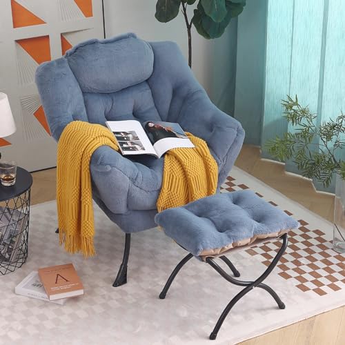 Image of Tiita Lazy Chair with Ottoman, Blue Modern Large Accent Armchair, Comfy Leisure Sofa Reading Chair with Footrest for Bedroom, Living Room, Dorm Rooms, Garden, Plush Light Blue