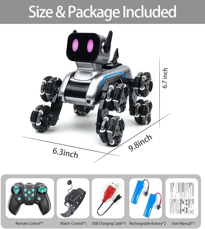 TIUDTOY Control Pet Dog Toy with 8-Wheel RC Stunt Robot Dog Drift Wheels, Cool Smoke Effect & Robotic Puppy for Kids (Rechargeable Battery 2.4GHz Remote 360° Spins LED Eyes Metal) 4