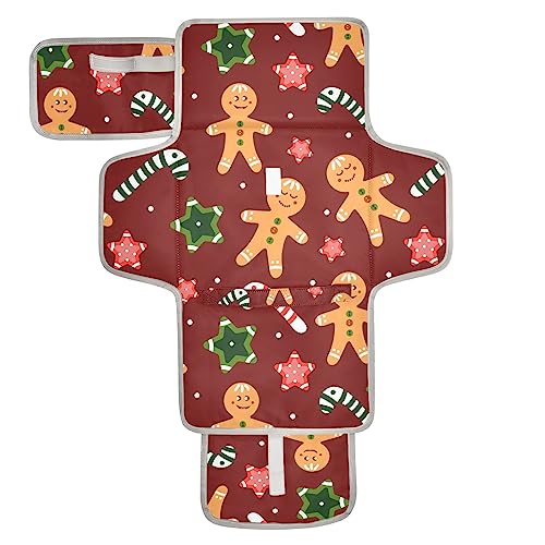 Image of Christmas Gingerbread Men Portable Baby Changing Pad Travel Diaper Changing Pad Foldable Waterproof Changing Station with Built-in Pillow for Newborn Stuff Essentials Gifts