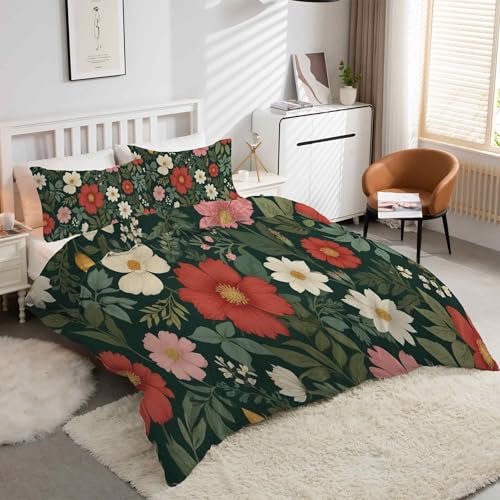 Housse de couette 200x200 fleurs rétro avec 2 taies d'oreiller en microfibre kK4354