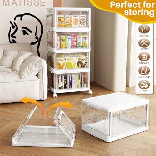 Image of SNSLXH Portable Clear Storage Bins with Lid & Wheels, 24QT Clear Storage Bins with Lid, 4-Tier Plastic Bins with Wheels, Stackable, Magnetic Doors, for Bedroom, Living Room, Office