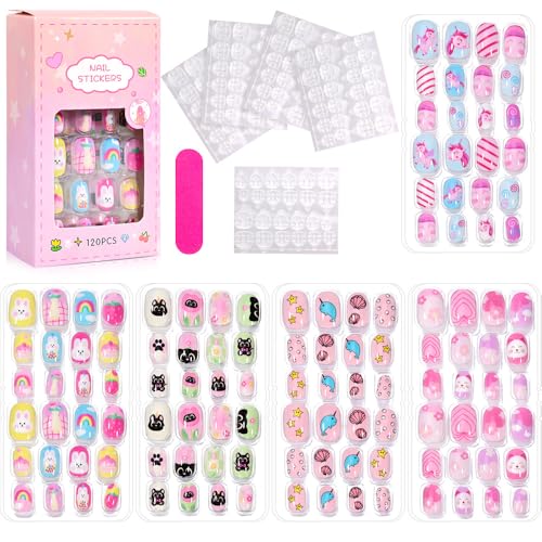 Virellay 120 Stücke Kinder Nägel - Fingernägel zum Aufkleben für Mädchen mit Jelly Kleber - 5 Verschiedene Designs Kunstnägel Kinder, Schönes Geschenk für Mädchen (TD153-6, 120 pcs)