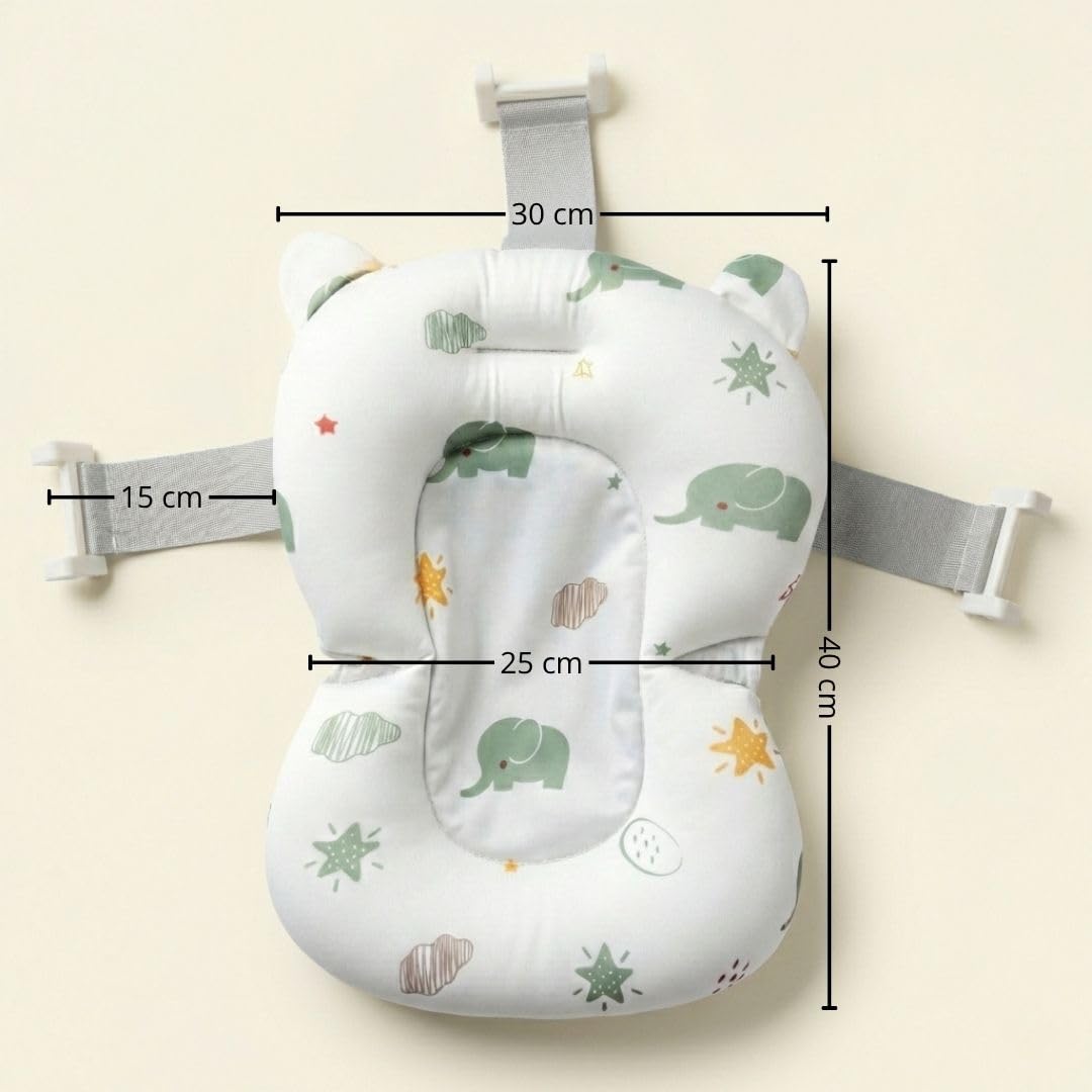 BATHBY | Cojín para Bañera de Bebé – Soporte Recién Nacido, Asiento Ergonómico, Ajustable y Portátil con Malla Antideslizante, Almohada Reductora, Hamaca de Ducha + Patito de Goma (Elefantes)