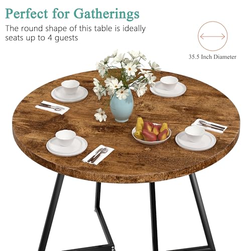 Image of VECELO 35 inch Round Dining Table for 4, Wood-Grain Tabletop & Heavy-Duty Steel Frame, for Kitchen, Living Room, Easy Assembly, Antique Brown