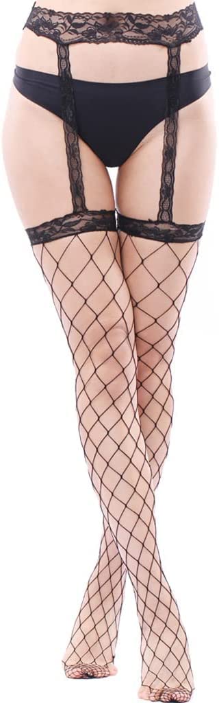 Bas résille Noirs pour Femmes, Bas Longs en Dentelle Non élastiques, Bas résille Porte-Jarretelles Tentation, 2 Paires (Taille Unique Petit Trou) (Taille Unique Grand Trou)