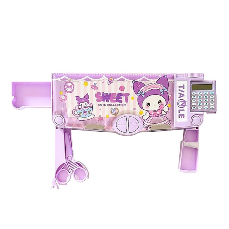 Image of KiddieWorld School Students Pencil Box with Calculator Cute Cartoon Stationary Compass for Boys Geometry Box with Inbuilt Scissor Ruler & Sharpener Magnetic Box Best Gifts (Mini Calculator)
