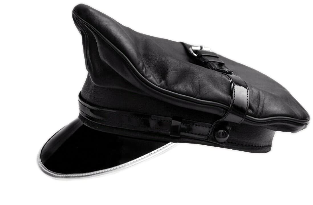 N? Unisex Black Genuine Leather Army Muir Biker Silver Trim Peak Police Military Cap (Small)