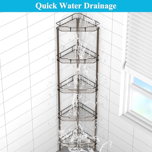 Image of HuggieGems 5 Tier Floor Standing Corner Shower Caddy Organizer Shelf with Hooks, Bathroom Shelves Stand Rack, Bronze