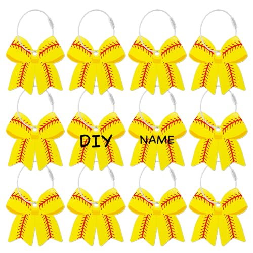 12 Pcs Softball Bow Luggage Tags for Softball Travel Suitcase Labels with Metal Ring 2.75in Softball-Related Keychain PVC Name ID Card and DIY Pocket Hug Card for Men Women Travel Bag Suitcase