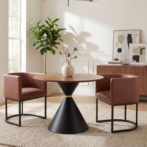 Image of HNY Mid Century Modern Upholstered Barrel Dining Chair with Arms, Leather Kitchen & Dining Room Chair, 18.5 inch Wide Accent Chair for Dining Room Living Room with Black Metal Frame, Brown