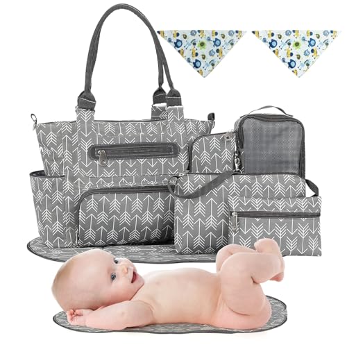 Image of TeqHome 8Pcs Diaper Bag Tote Set, Baby Diaper Tote Bags Travel Mommy Bag with Pacifier Case,Portable Changing Pad,for Mom Dad
