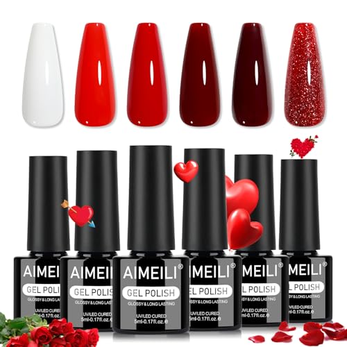 AIMEILI Kit Semipermanente Unghie Rosso 6 Colori Glitter Smalto Semipermanente Unghie UV LED Soak Off Smalti Gel Colorati Nail Art 5ml Kit 6-114