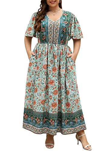 Image of Nemidor Womens Plus Size Maxi Dress Summer Boho Sundress Floral Print Flared Casual Long Dresses with Pocket