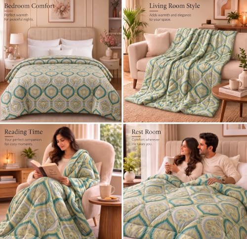 Image of SANMARINO 280 GSM Cotton King Size Comforter | Premium Floral Printed Quilt | Ultra-Soft & Lightweight Reversible AC Blanket for All-Season Comfort, AC Room & Mild Winter - 228x254 cm,Sage Green