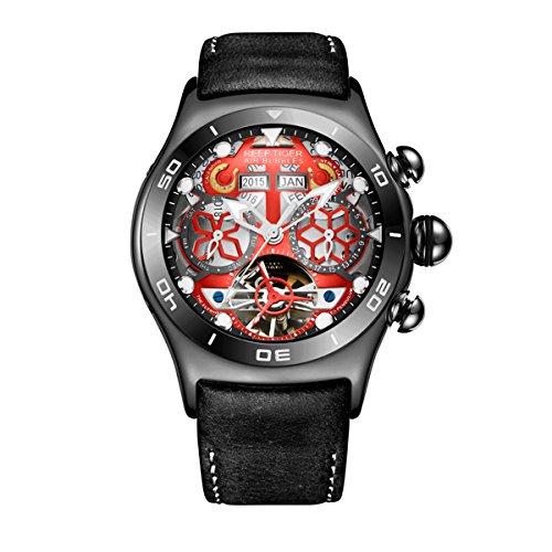 Reef Tiger Luminous Sport Watches Mens Black Steel Skeleton Dial Tourbillon Watch RGA703 (RGA703-BRB)