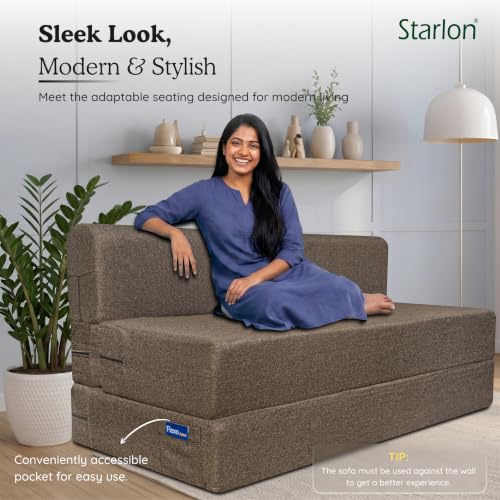 Image of Starlon 3 Seater Sofa Cum Bed Foldable 3-in-1 Sofa Bed with 1 Year Warranty, Washable Jute Fabric Cover & 2 Geometrical Pillows | Guest Bed | Coffee Brown 6x6.5 Ft