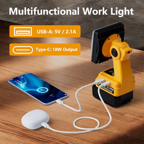Image of DTEZTECH LED Work Light for Dewalt 20V Max Battery, 25W 1500LM Portable Cordless Work Light with 90 Pivoting Head, USB-A & USB-C Charging Ports for Jobsite, Workshop, Camping & Emergency (Tool Only)