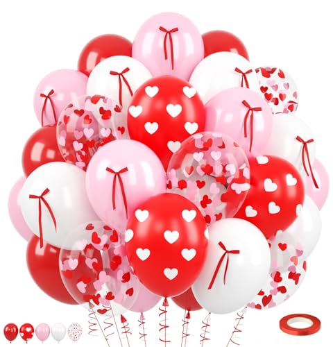 Image of 60 Pcs Pink and Red Balloons, 12 Inch Red Heart Printed Latex Balloon, Pastel Pink White Helium Balloons with Bow Ribbon, for Valentine's Day Wedding Anniversary Baby Shower Birthday Party Decoration